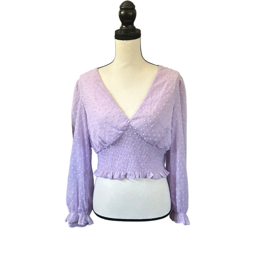 Milk & Honey Lavender Swiss Dot Smocked Crop Blouse Balloon Sleeve Fairycore XL